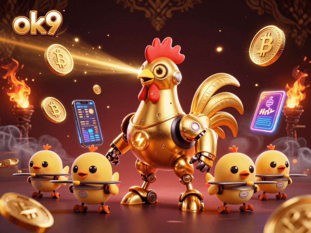 Join the ok9 casino adventure with a golden rooster robot and crypto coins for thrill-seekers!