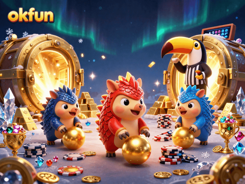 Compete for fortunes at okfun with vibrant pangolins rolling golden balls in a rich casino scene.