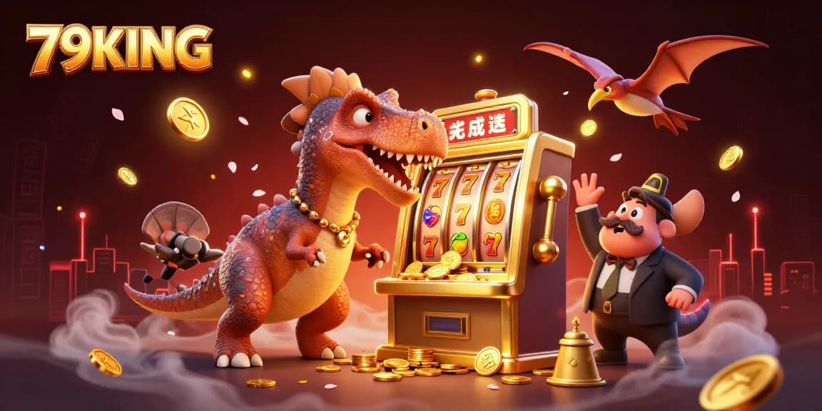 79KING evokes a lively casino scene with cartoon dinosaurs amidst slots and flying coins.