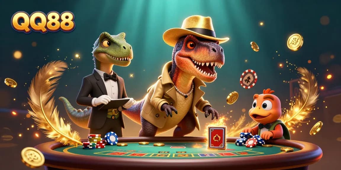Engage with QQ88 at a vibrant casino scene featuring animated dinosaurs and dynamic betting action.