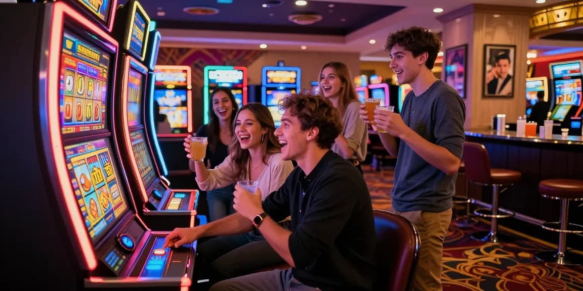 Excitement at a slot gacor machine in a lively casino atmosphere, friends celebrating their wins.