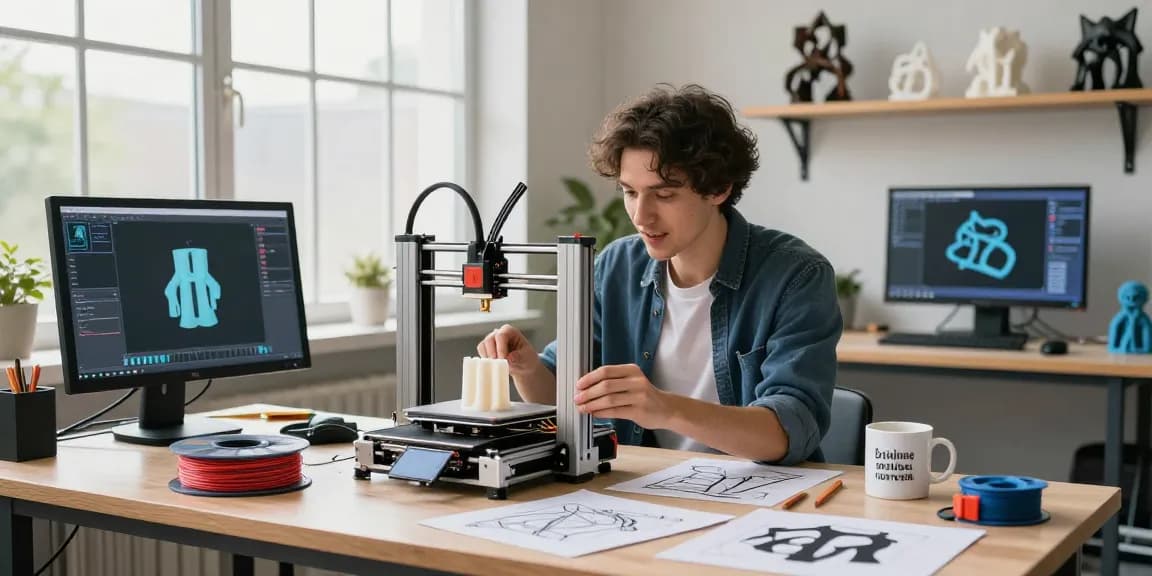 Active workshop scene showcasing a 3d printer deal with colorful filaments and innovative designs.