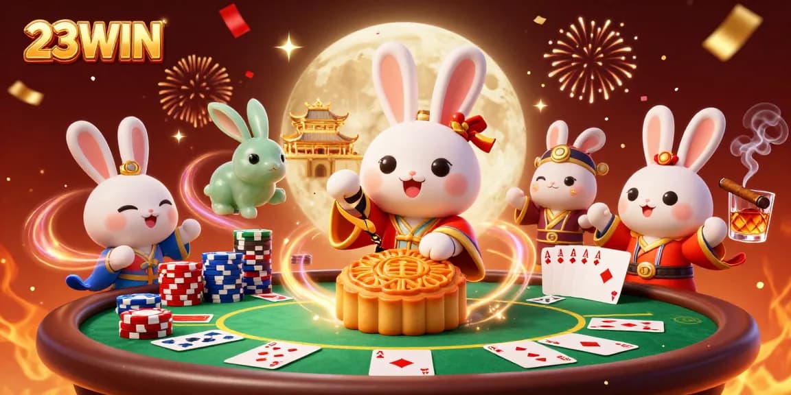 Join the 23WIN celebration with a moon rabbit revealing poker chips and casino elements in a festive scene.