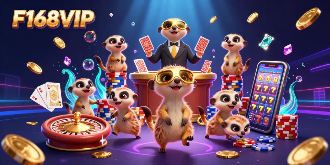 Experience F168VIP in a thrilling cartoon casino scene with meerkats, vibrant game elements, and dynamic energy.