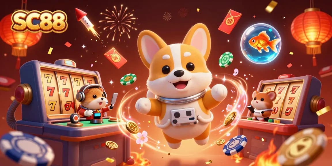 Engaging SC88 scene with a cartoon astronaut corgi and vibrant casino elements in a floating space setting.