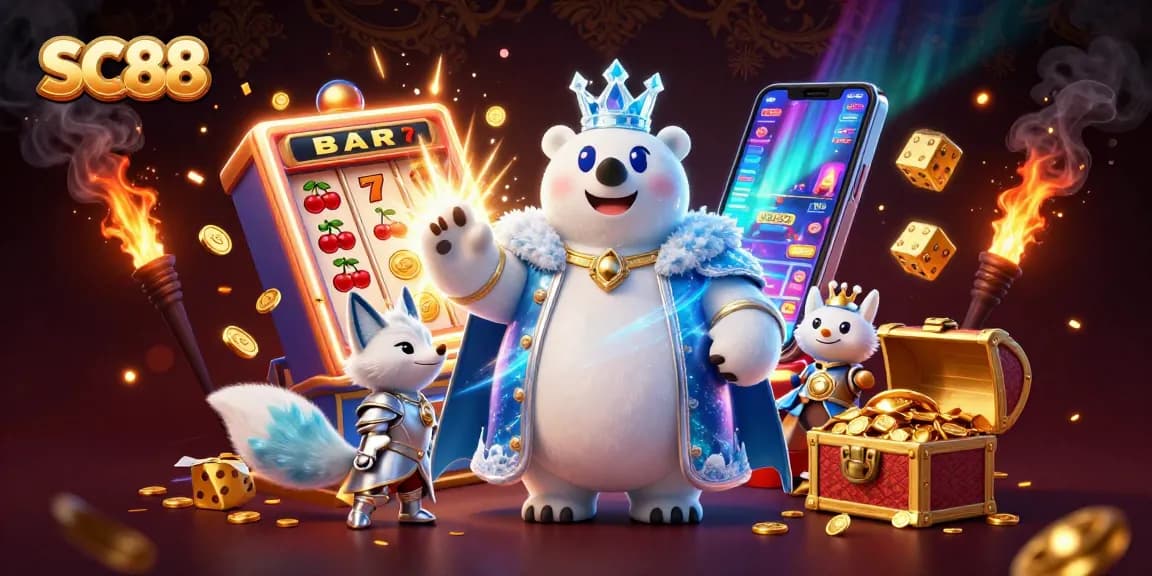 Engage with the dazzling SC88 casino scene featuring an icy king and slot machine jackpot.