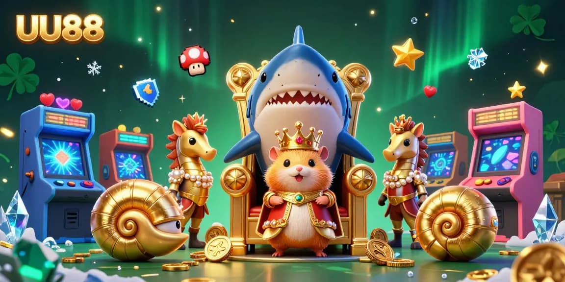 UU88 captivates players with vibrant casino visuals featuring an animated hamster king and arcade game elements.