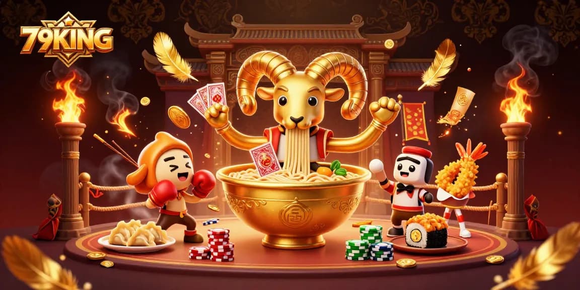 79KING features a vibrant 3D scene with a giant ramen bowl dealer stacking chips and cards