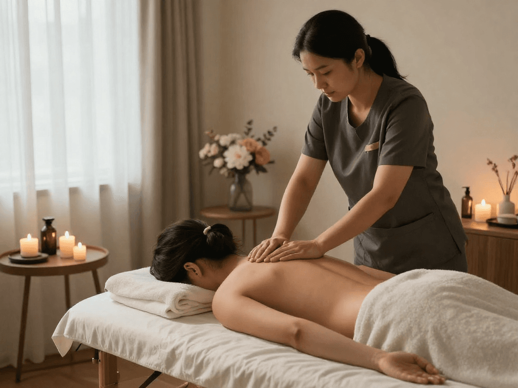 출장마사지 relaxation scene with professional therapist and serene home setting.