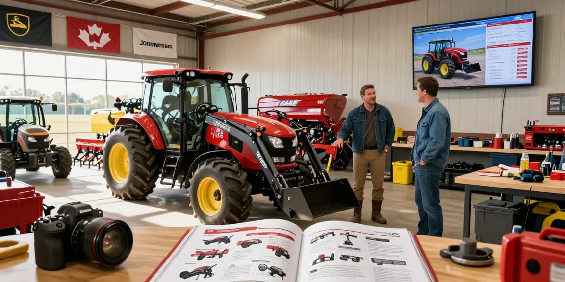 This farm equipment catalogue displayed at a Canadian showroom highlights key specifications and features.