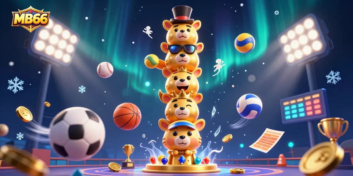 Engage with MB66 in a vibrant casino scene featuring a golden totem pole and dynamic sports elements.