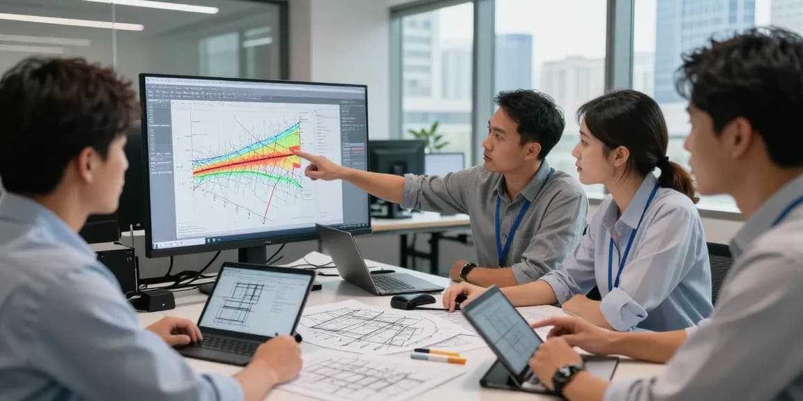 Seismic Design Engineer USA collaborating on structural assessment plans in a high-tech office setting.