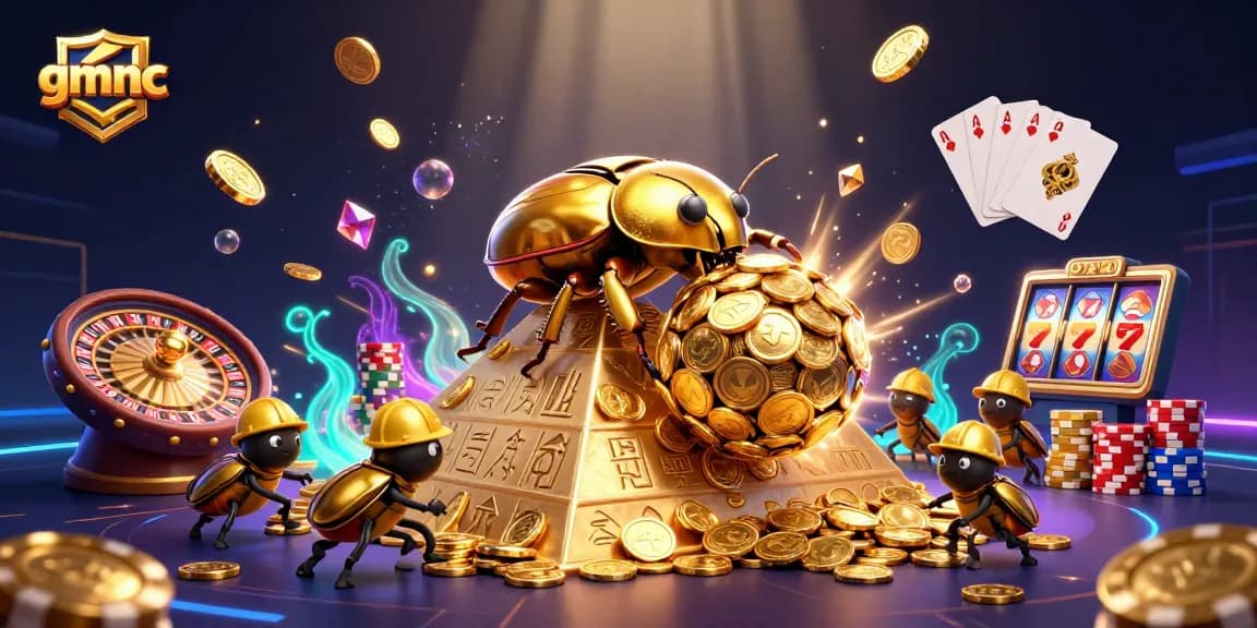 Experience gmnc with vibrant golden coins cascading as a cartoon beetle rolls in a dynamic casino scene.