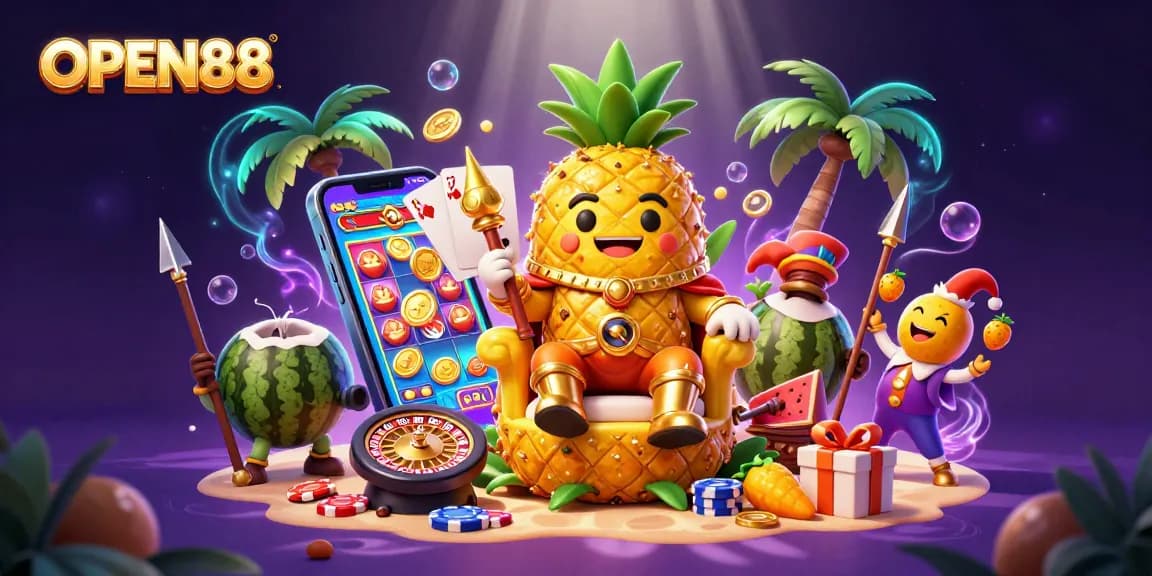 Experience thrilling gameplay with OPEN88 at a vibrant beach casino with colorful characters and dynamic elements.