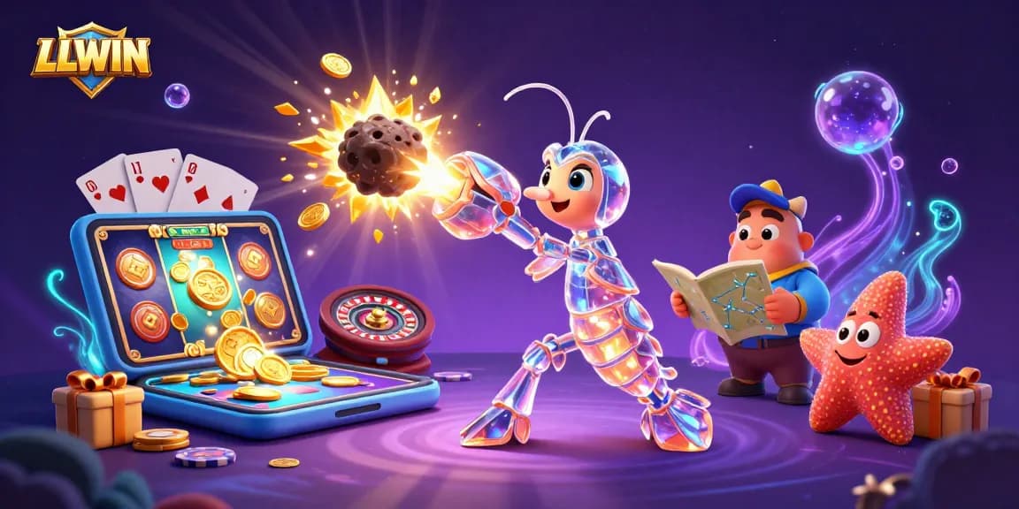 Experience thrilling gameplay with LLWIN featuring a galactic shrimp, slot games, and exploding gems.