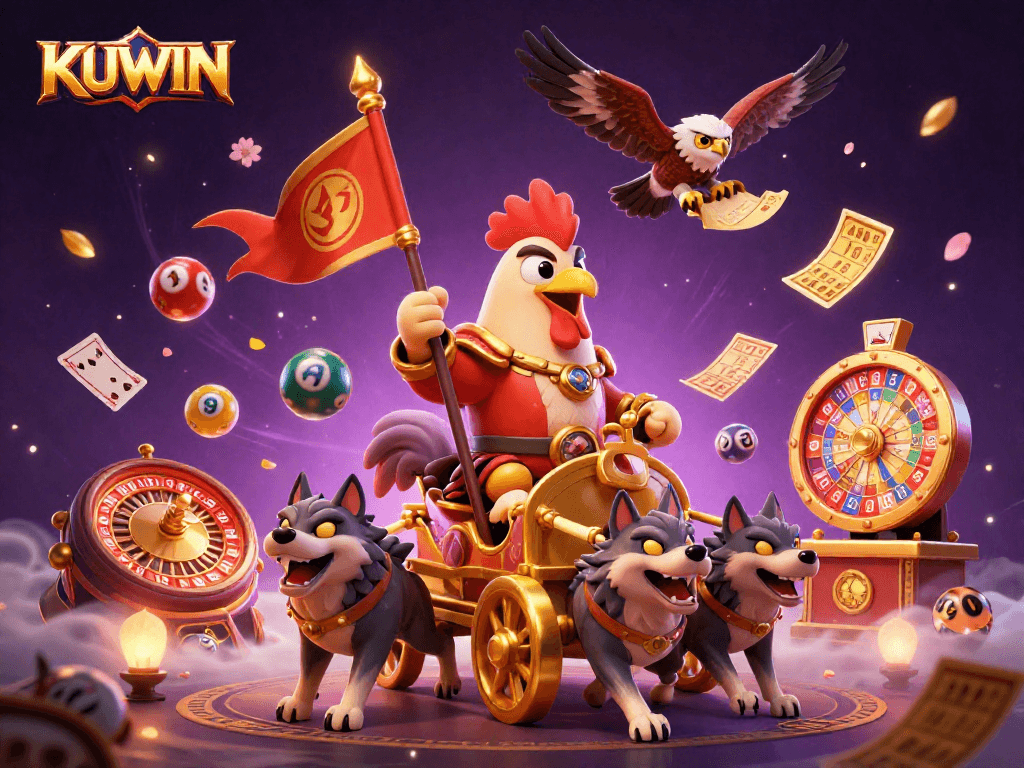 KUWIN live casino illustration with vibrant elements and dynamic characters for engaging gaming action