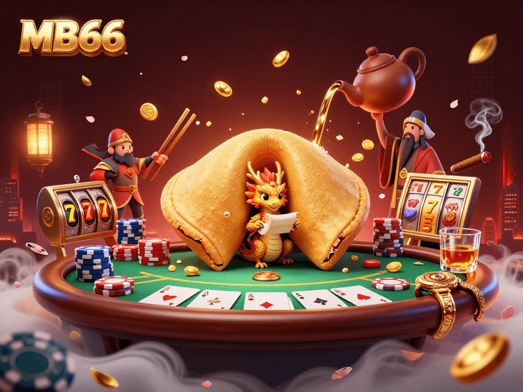 Experience MB66's vibrant gameplay with a golden fortune cookie dragon in a dynamic casino scene.