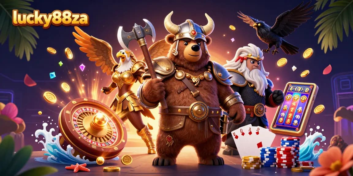 Play winning slots with lucky88za featuring vibrant 3D characters and casino elements.
