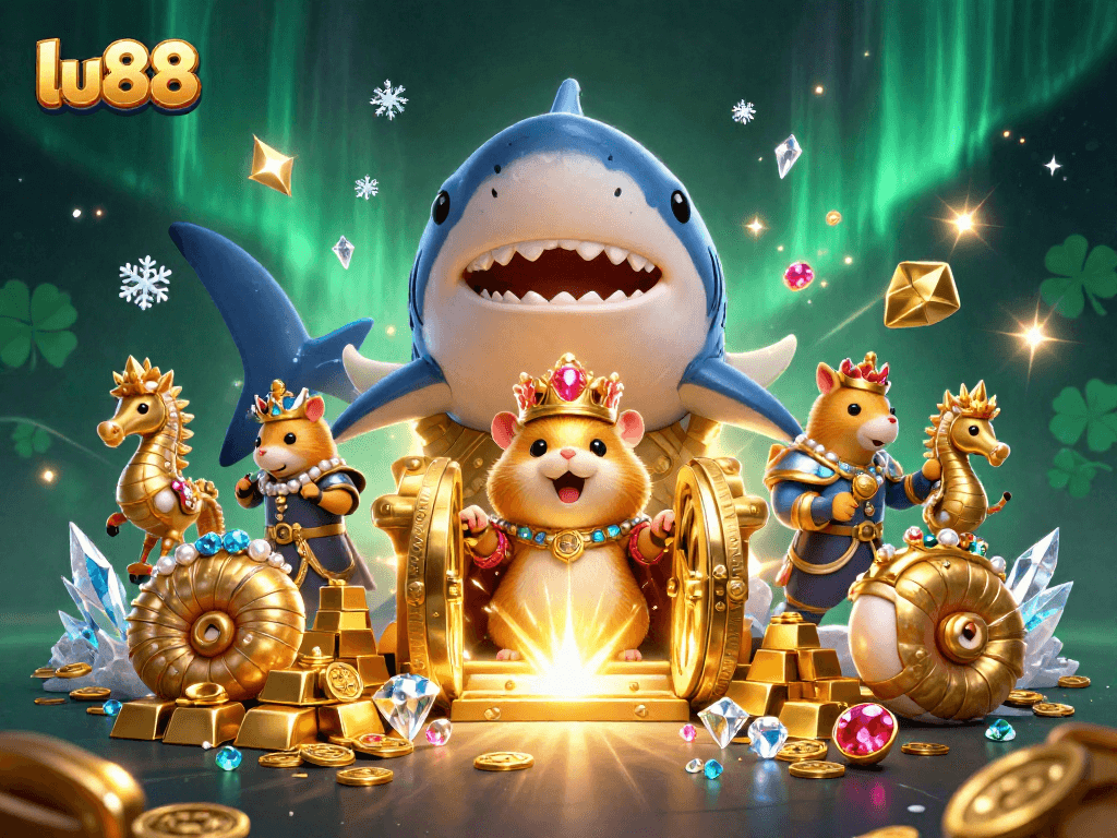Spin the big wins with lu88 in this vibrant casino-themed 3D illustration packed with gold and gems.