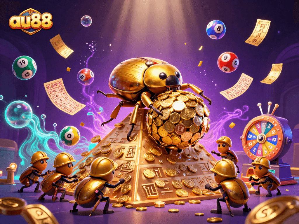 Play exciting games at au88 as colorful lottery balls bounce around a pyramid of gold coins.