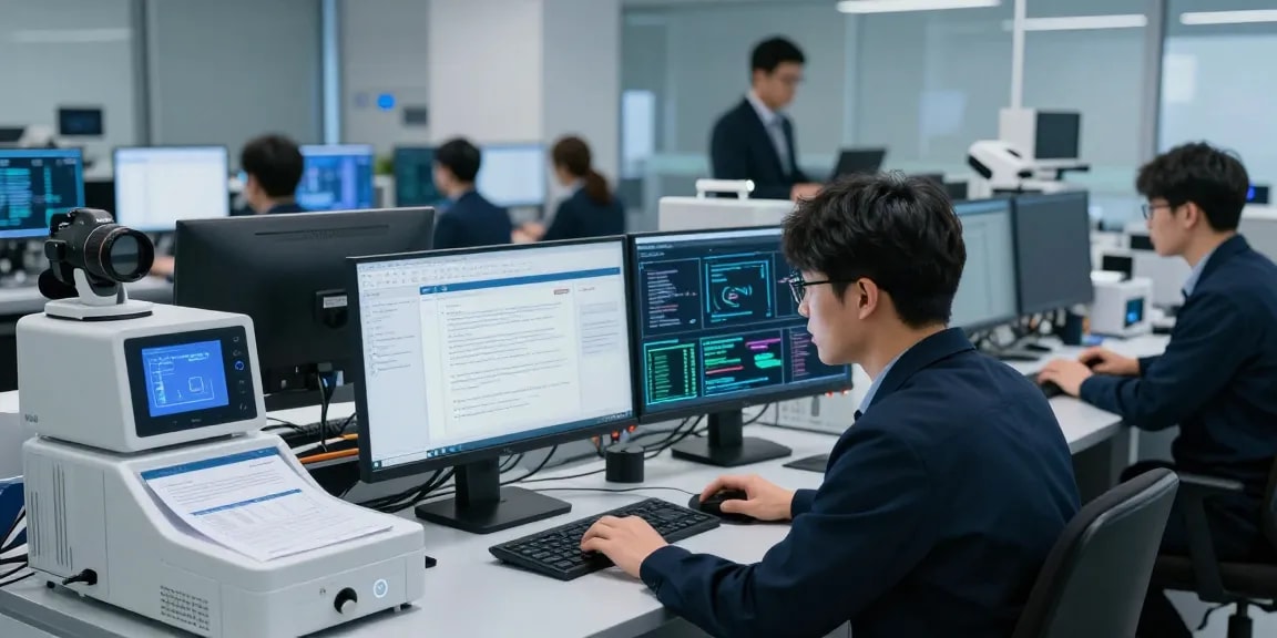 Expert examining document fraud detection software in a high-tech forensics lab, showcasing advanced technology and analytical tools.