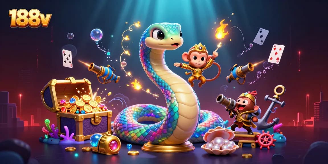 Engage in the thrilling world of 188v, depicted by a vibrant illustration featuring a rainbow serpent and floating treasure-filled elements.