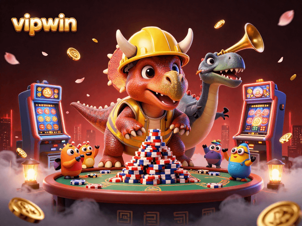 Exciting scene with vipwin characters celebrating while stacking poker chips, vibrant casino elements around.