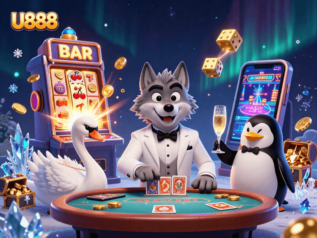 Win big with U888! Explore vibrant casino excitement featuring debonair characters, slot machines, and lavish games.