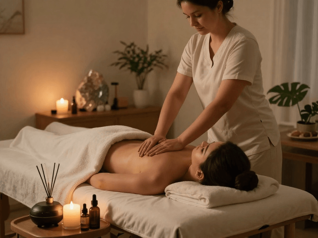 Relaxing 노원출장안마 massage room with candles, essential oils, and soothing atmosphere.