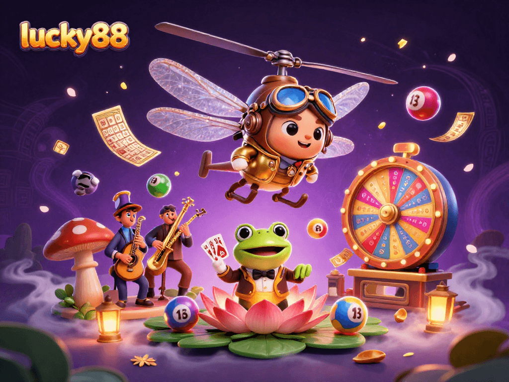 Engage in thrilling gaming at lucky88 with interactive elements like a frog croupier and colorful bouncing lottery balls.