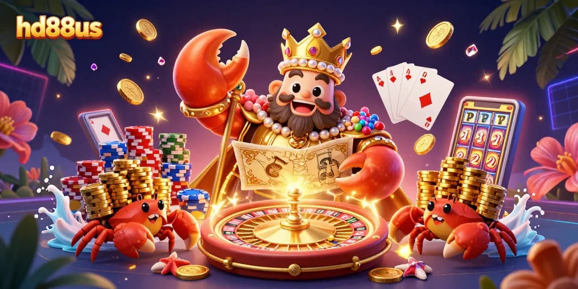 Unleash excitement at hd88us with the golden crab emperor ruling over a vibrant casino scene.
