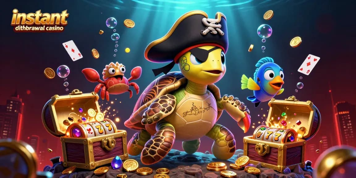 Explore instant withdrawal casino with a cartoon turtle, crab, and parrotfish among colorful treasure elements.