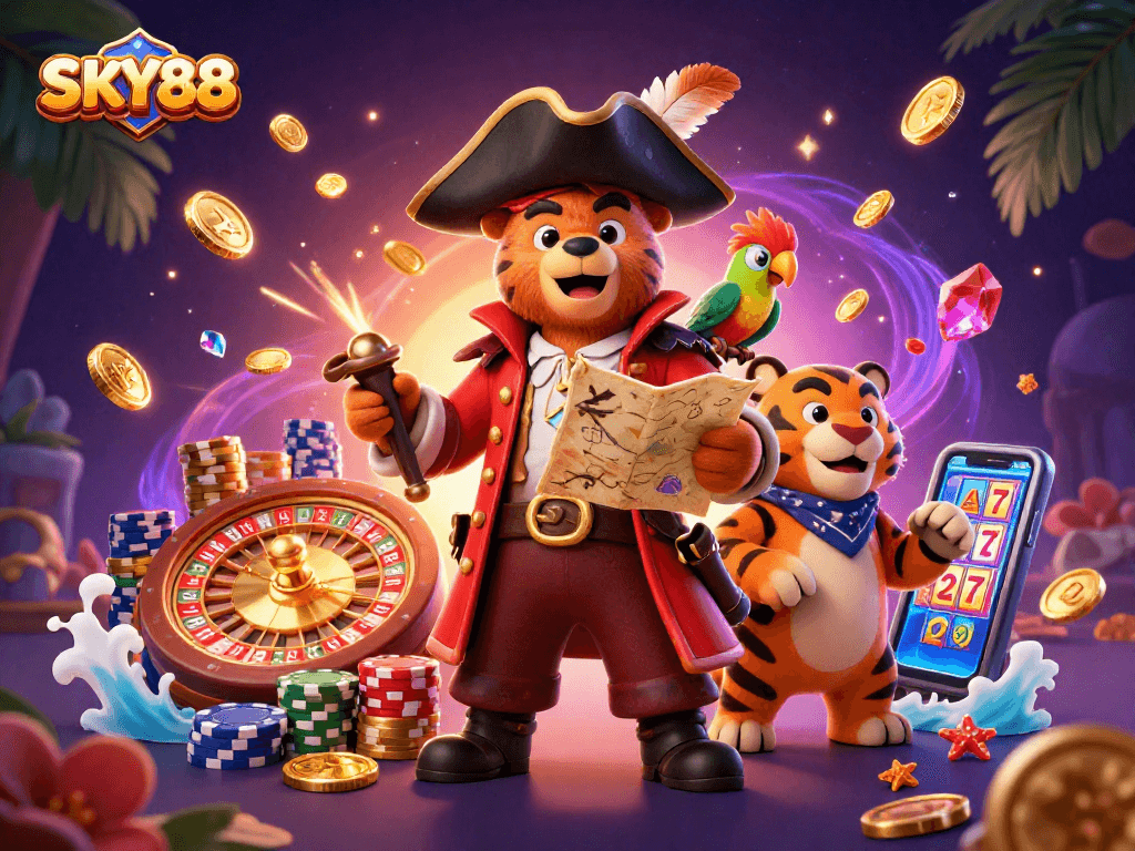 Experience thrilling adventures at SKY88 with a dynamic scene of treasure hunters in action!