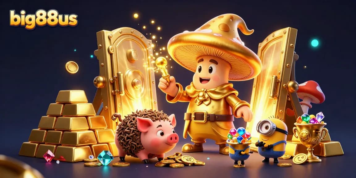 Engage with big88us as a golden mushroom wizard channels wealth, revealing treasures in this 3D casino illustration.