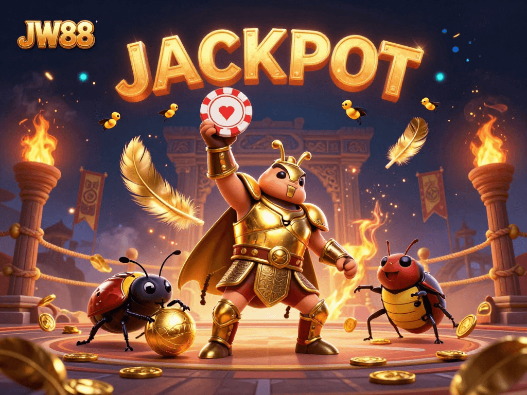 JW88 brings excitement to the arena with a beetle hero lifting a poker chip.