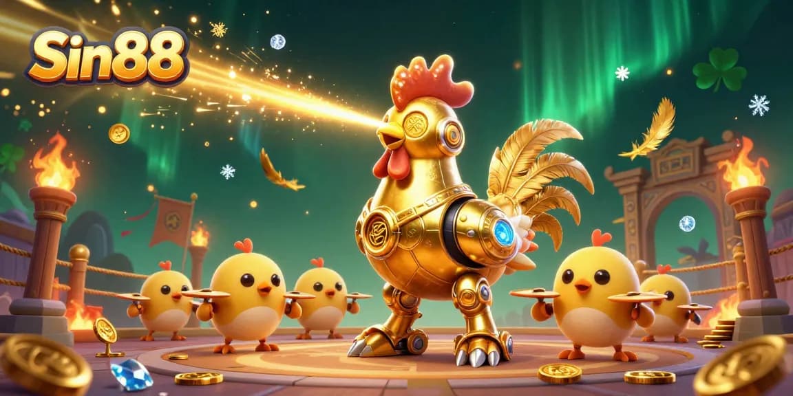 Engage with the vibrant world of Sin88, featuring an interactive casino scene with a golden rooster robot and baby chick drones.