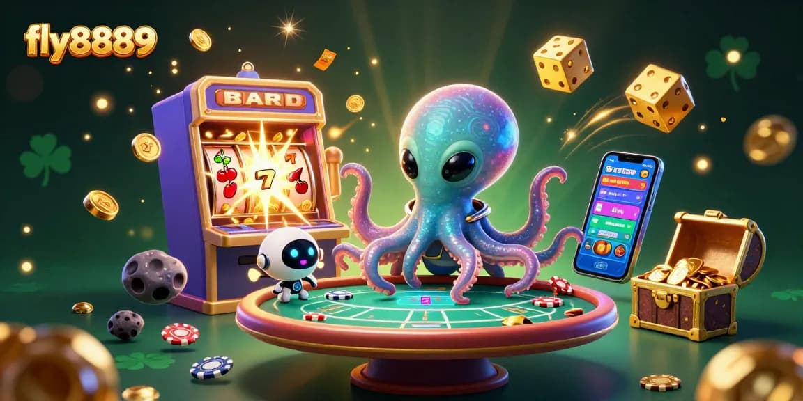 Experience excitement at fly8889 with a vibrant 3D alien octopus and dynamic casino elements.
