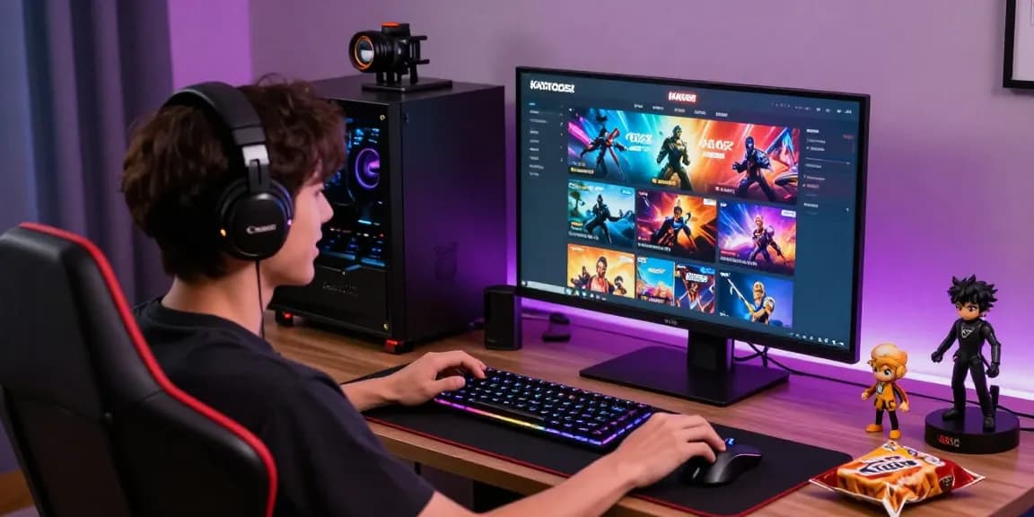 Pengguna KATATOGEL menikmati permainan online di laptop dalam suasana nyaman dengan aksesori gaming.