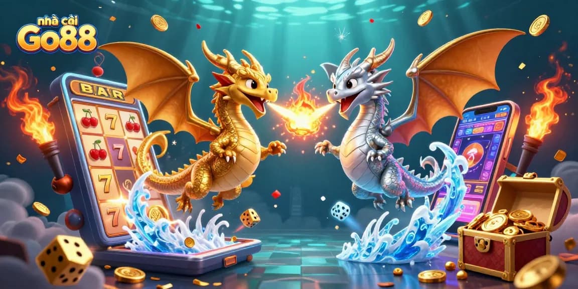 Engage with nhà cái Go88 as golden and silver dragons entwine amidst a dynamic casino scene filled with jackpots.