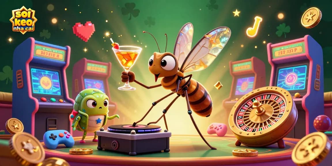 Engage with vibrant soi keo nha cai bets while a frozen mosquito mascot mixes cocktails at a lively casino scene.