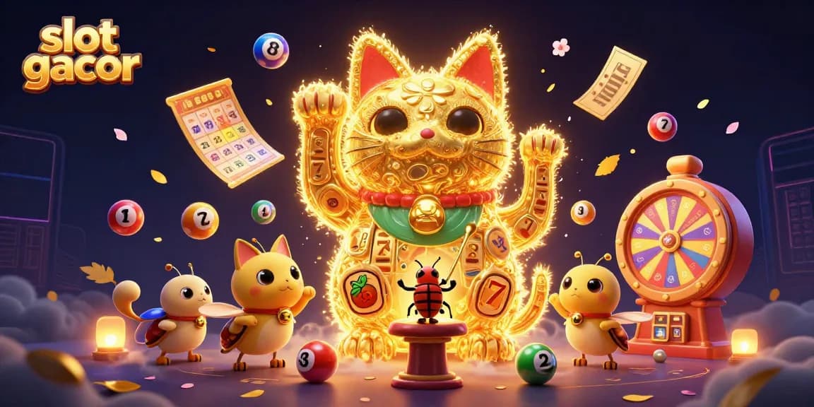 Experience the thrill of slot gacor as a giant lucky cat made of fireflies waves amidst lottery balls and dynamic casino symbols.