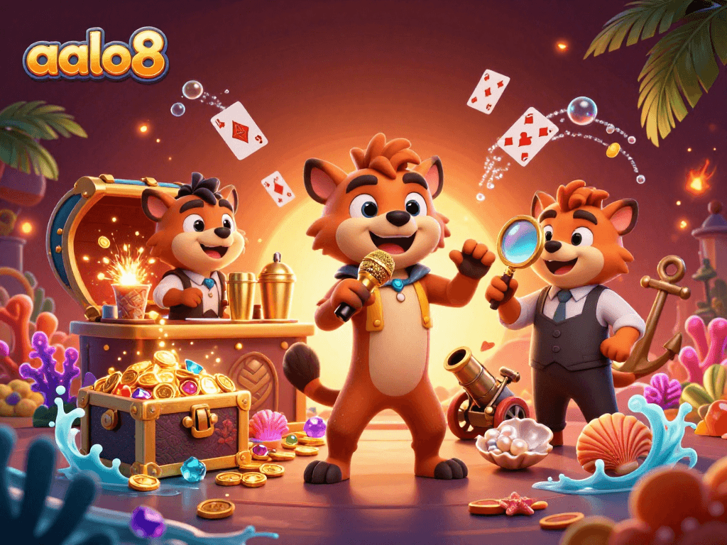 Experience the lively atmosphere of the aalo8 casino with animated characters mixing drinks, telling jokes, and checking IDs.