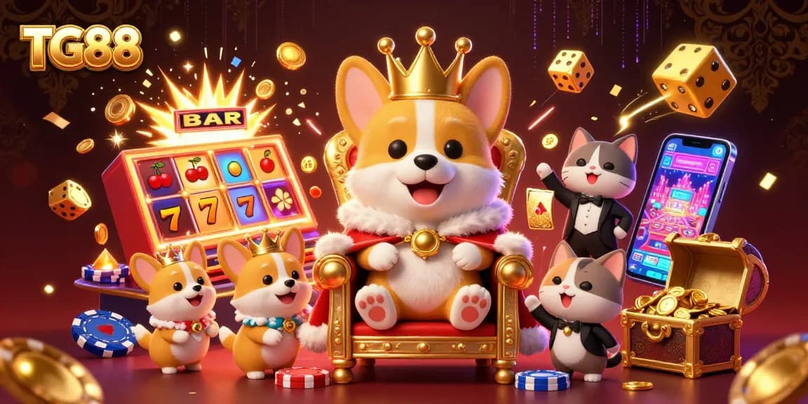 Experience luxury and excitement at TG88's casino with royal corgi characters, dynamic gaming elements, and a vibrant atmosphere.