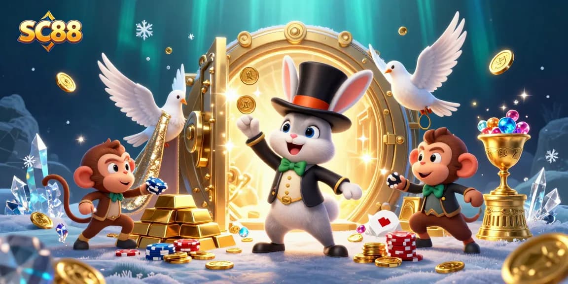 SC88 magician rabbit pulls coins from a hat, surrounded by dazzling casino treasures