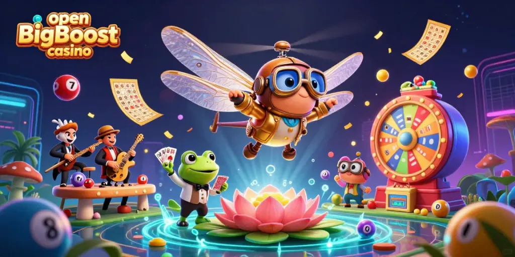 Experience the thrill at open BigBoost casino with vibrant gaming elements and engaging characters.