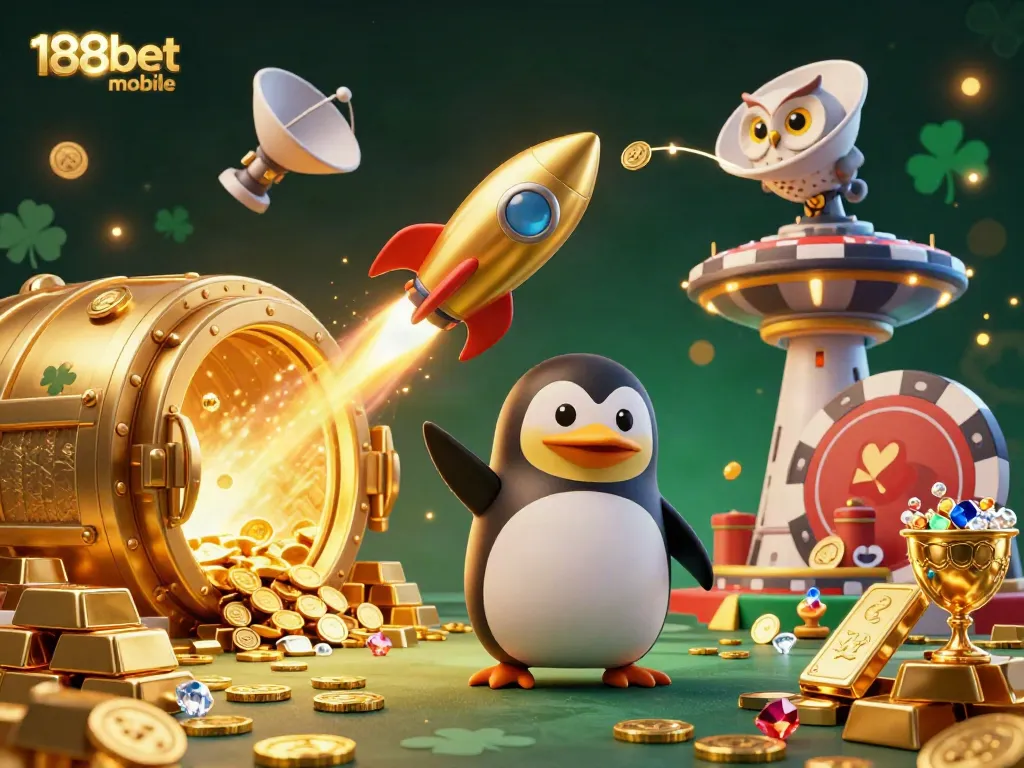 Experience thrilling action with the 188bet mobile penguin soaring towards casino stars and treasure!