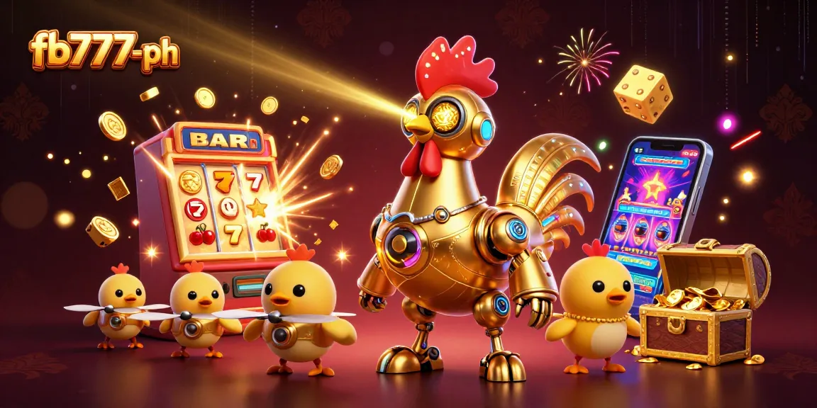 Engage with exciting games at fb777-ph, featuring a 3D illustration of a golden rooster robot and dynamic casino elements.