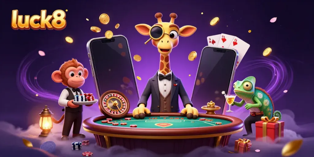 Experience luck8's excitement with a high-roller giraffe, vibrant games, and rich casino elements.