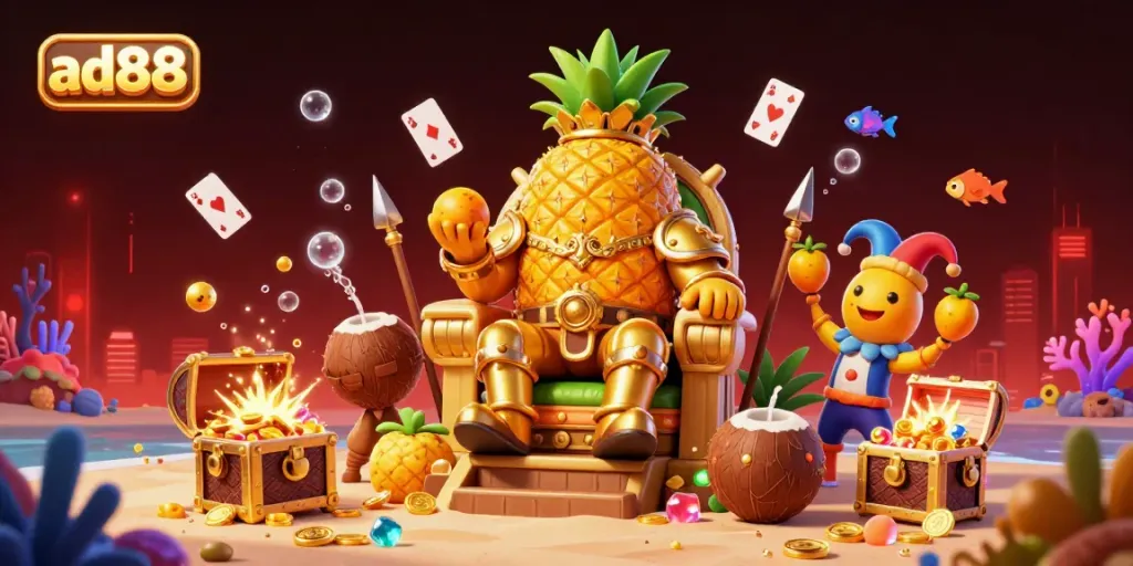 Engage in the ad88 casino world with a colorful scene featuring a pineapple king and treasure elements.