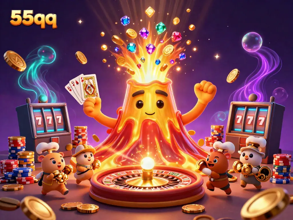 Win prizes with 55qq's thrilling gaming experience, featuring a vibrant eruption of coins and gems.